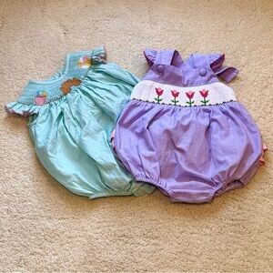 Two 9M Smocked Baby Girl Bubble Rompers - Beach / Sandcastle & Tulips
